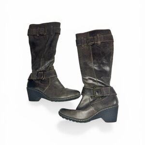 B.o.c Born Concept Brown Distressed Leather Buckle Mid-Calf Boots Wedge Heel